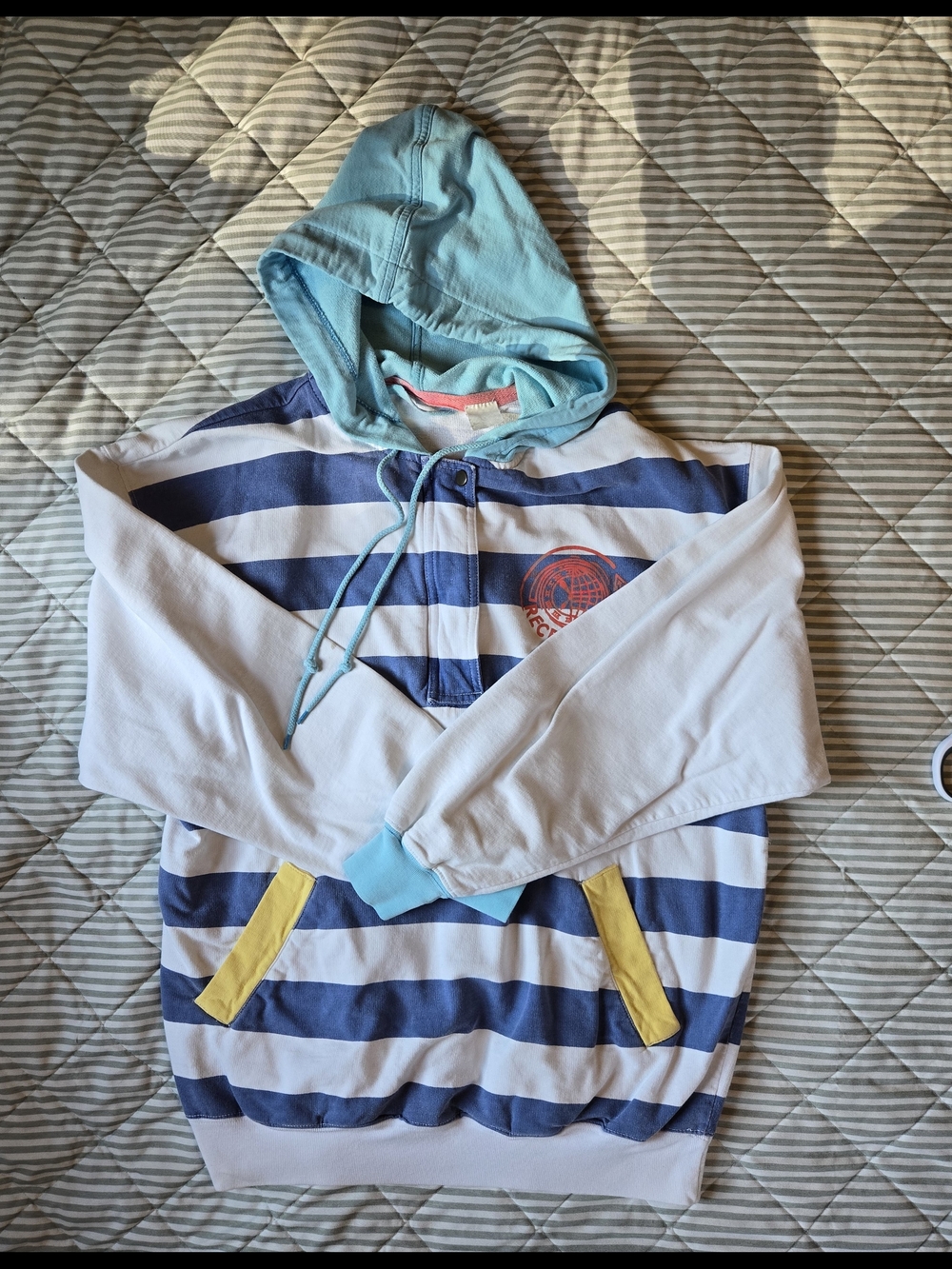 Coastal Striped Hooded Pullover in Colorblock Blue, Yellow & Light Blue